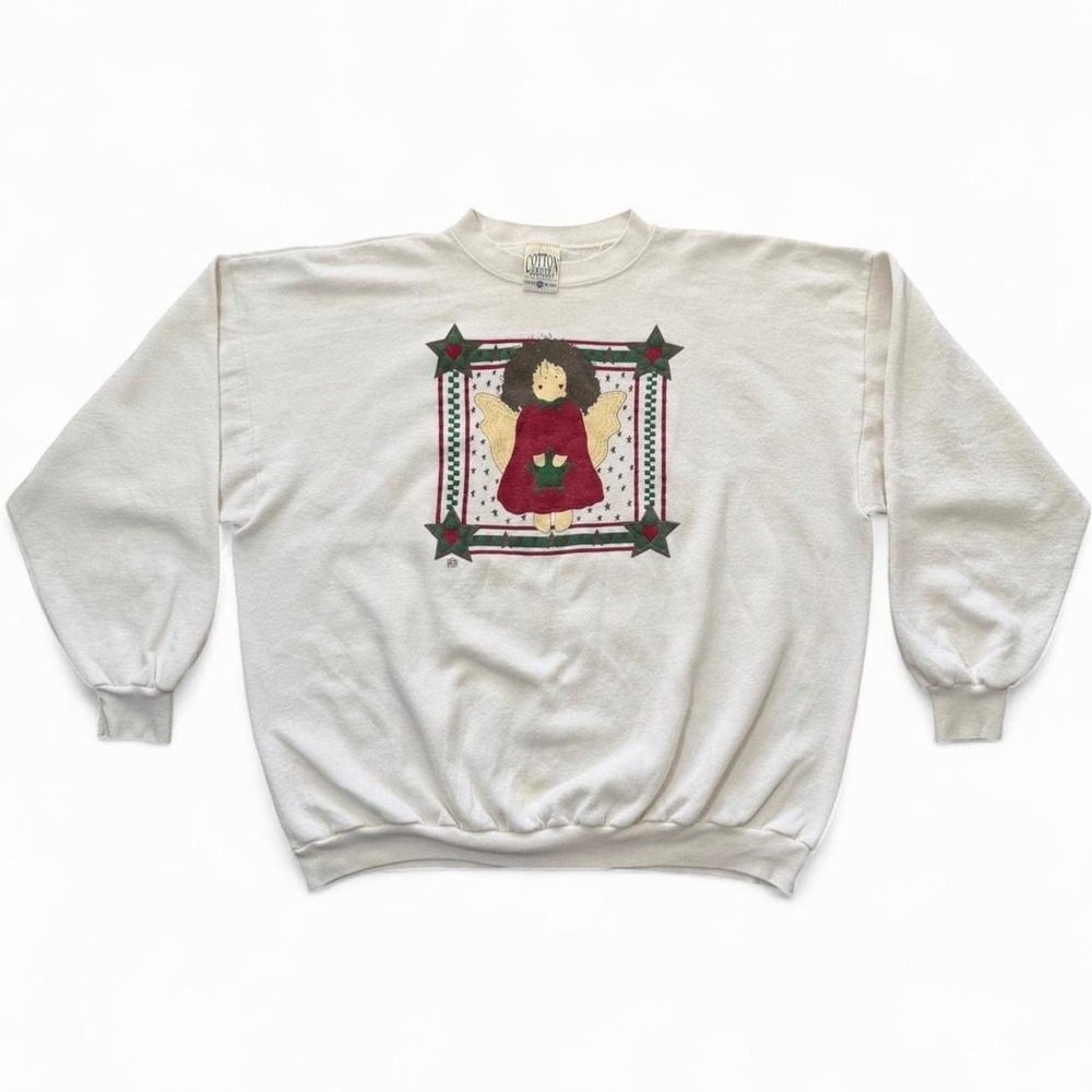 Vintage 90s Angel Holiday Cottage Art Graphic Pullover Sweater 3XL USA